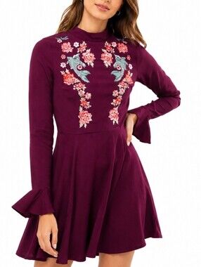 ASOS Purple Embroidered Mini Dress Floral Bird Mock Neck Trumpet Sleeve S8 Chic